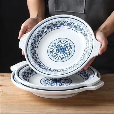 Patrwm Porslen Gwyn Glas Melamine Dwbl Trin Plât Dwfn